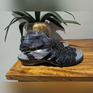 Sanita Womens Leather Mini Wedge Sandals Black Strappy Boho Casual size 42/11.5